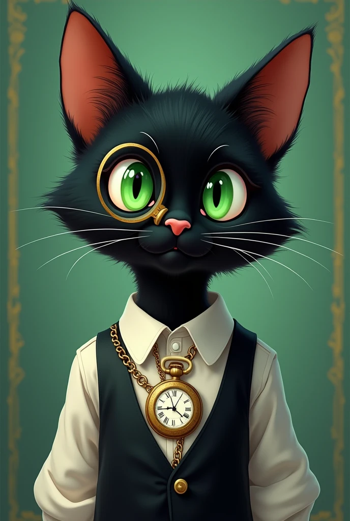 Black cat with green eyes, black hair with green fade, wearing a monocle on the left eye, wearing a classic shirt with a black waistcoast and an old pocket watch with gold chain, furry, furry art, ghibli studio style, studio ghibli style, hayao miyazaki style, ghibli studio