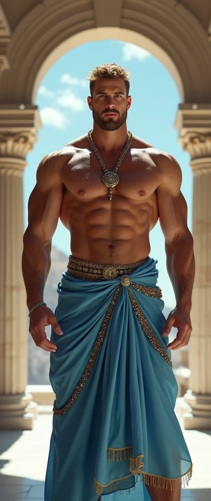 (man:1.5),1 man, male, muscle, 1 chico, muscle, pectoral, muscular, Mature man, 35 years,1 man, macho man, perfect body, an extremely delicate and beautiful detailed face,((by rubio, cute hairstyle, short by rubio)),(((blonde very short beard, blonde very short beard))), (((blue_eyes:1.3))),Intricate eyes, beautiful detailed eyes, symmetrical eyes, perfect face, cute hairstyle, perfect proportions, thick, ((detailed face)) macho man, (male Caucasian Prince) Prince, (((shiny skin:1.5,tanned skin,shiny skin: 1.5,tanned skin, shiny skin, very shiny skin,shiny body))) powerful, heroic, NSFW, Caucasian, elegant, (open to that, arabic fashion, Arab of that, Cowboys, White shirt, Masculine traits, modern style,Arabic clothing),(((blue toga, blue toga suit, wearing a blue toga:1.3,arab blue toga))),(arabic jewelry,Intricate necklace),((bulge in pants)),(((Intricate outfit,Intricate clothes,embellished suit))), (dynamic pose:1.0),ashamed,(centered,Scale to fit dimensions,rule of thirds), inside,interior,((room in a greek temple:1.3,columns of a greek temple:1.3)),scenery:1.25,((Intricate scenery)),((winter decorations)), (Bright winter decorations),High resolution,sharp focus,(ultra detailed,extremely detailed),(photorealistic artwork:1.37),(extremely detailed CG unity 8k wallpaper),(((vibrant colors,vibrant theme))),(Intricate),(masterpiece),(Best Quality),