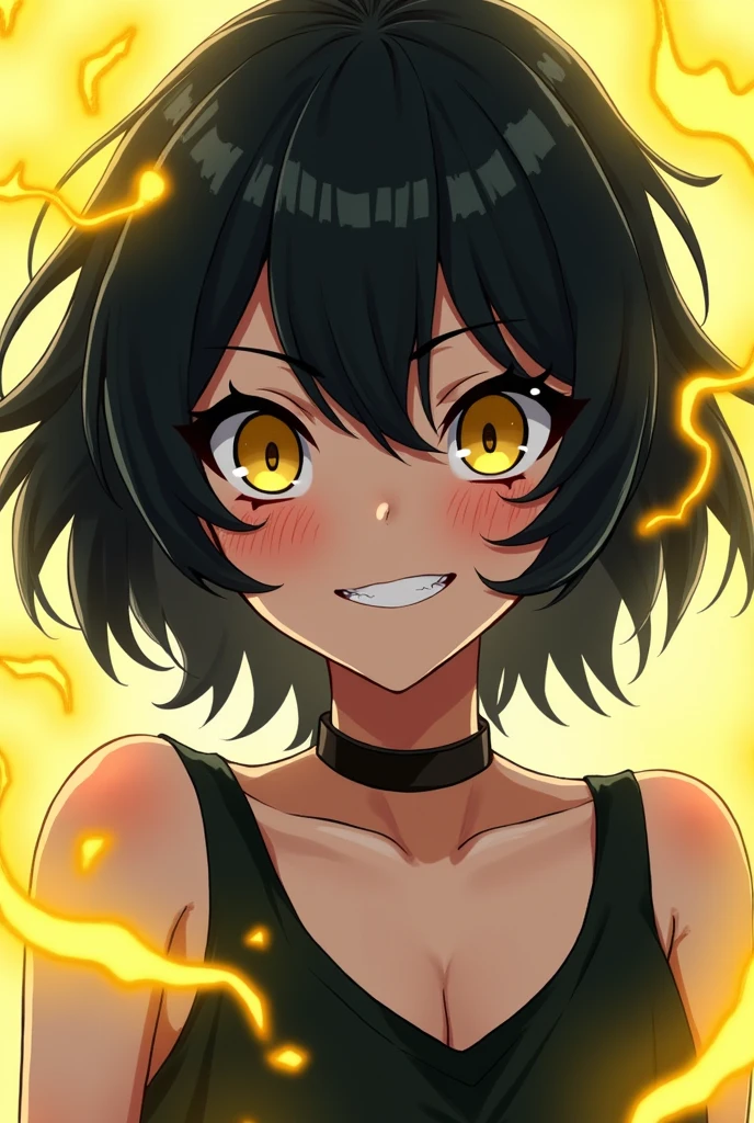 My hero academia character, Girl, black hair, medium short layered, eyebrow piercing, dark yellow eyes, with a yellowish aura around him and a fanged smile, pale skin