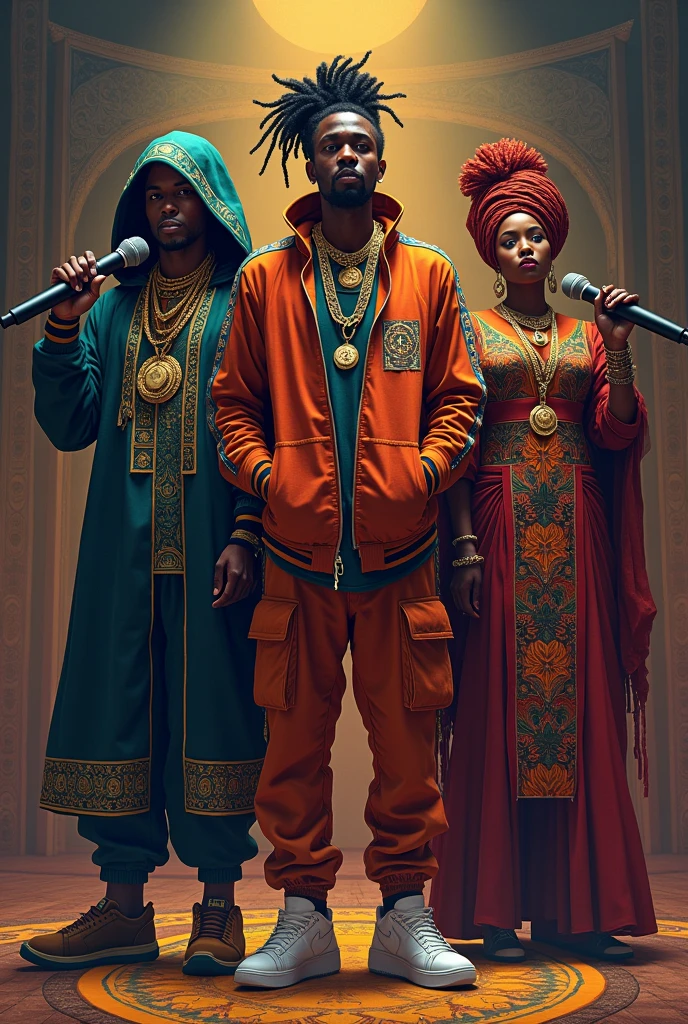African Orishas in Hip Hop clothing with microphones in their hands (omulu , Oxumarê, Nana)