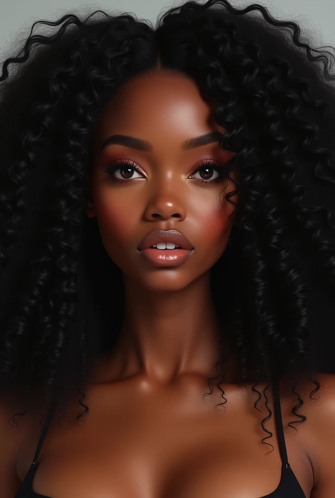 there is a black woman , the woman has, she has dark skin, with dark brownish skin, with long curly, long black loose moisturised curly hair she is flexible