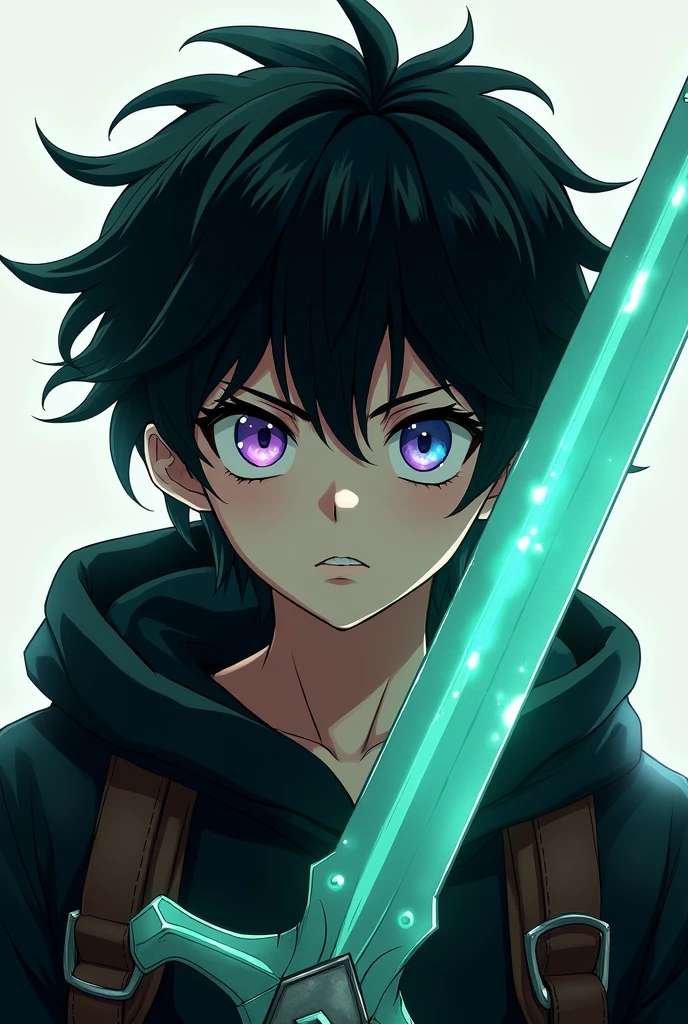 A 13 year old boy, messy medium black hair, blue eyes with violet discoloration, half pale, smiling innocently, black clothes, having a sword with a metal blade with a mint green tone in the style of the anime my hero academia