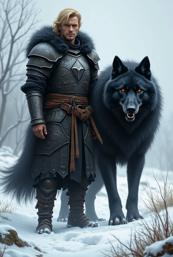 Blond man with semi-short hair and no beard in medieval armor and a giant black wolf with red eyes at his side in a snowy environment