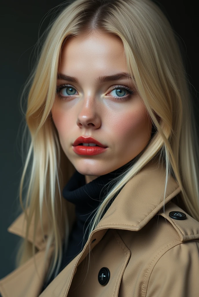 (photorealism:1.2) 29-year-old woman, blonde, dark blue eyes, dressed in a trench coat, pale, slightly red lips, long hair, straight hair