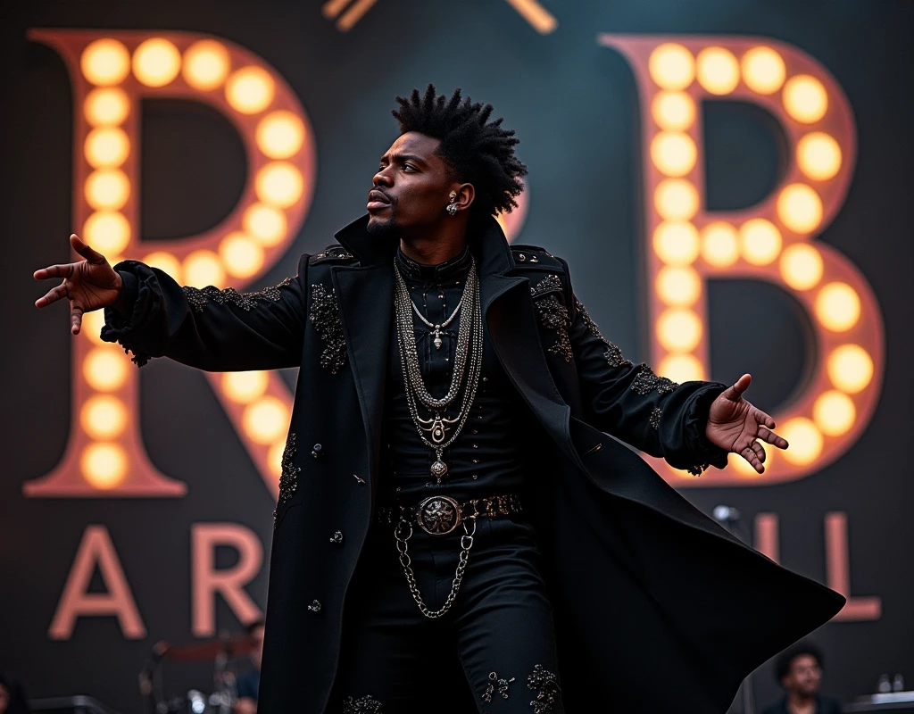 Afro male in a Gothic outfit singing with the word R&B Artist boldly written on the Background