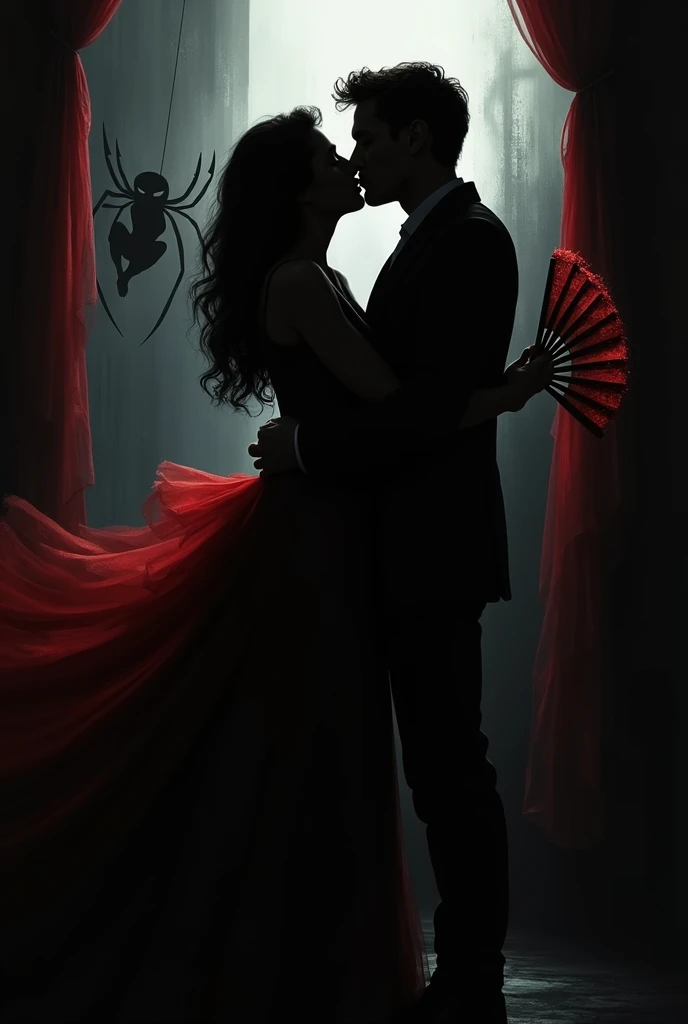 A red hand fan written spider man, behind the black shadows of a gay spider man kiss a black men.
Remember: We can only see their shadows.
