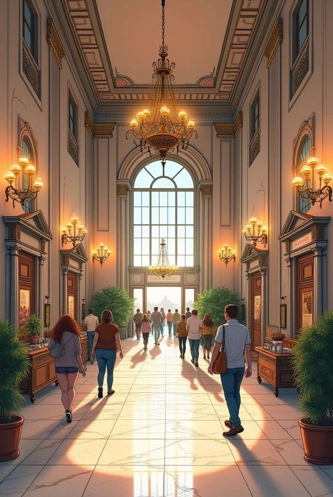 Drawing of along the foyer area , community theater
