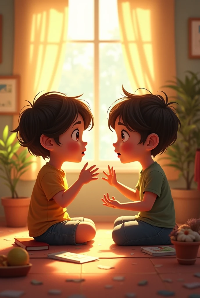 Two children sitting or standing facing each other; One of them is talking and the other is leaning forward, paying attention.