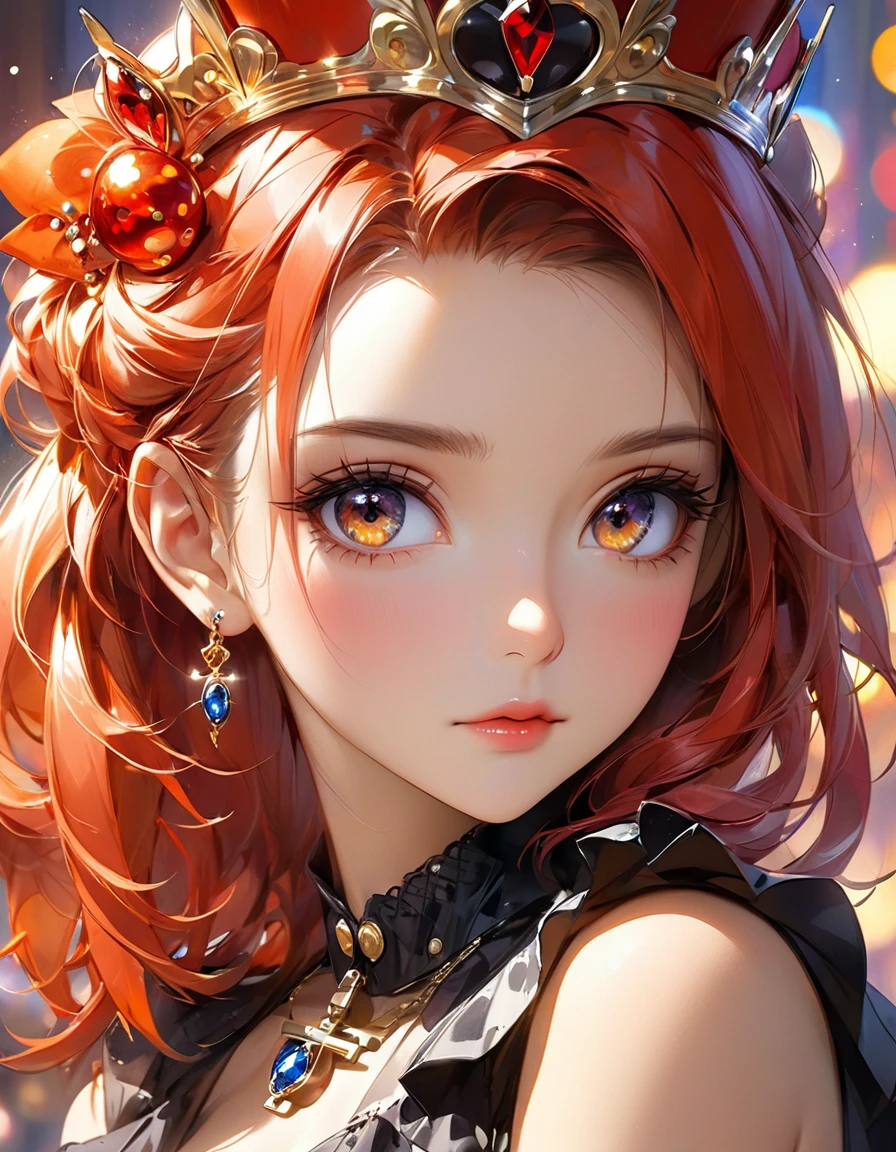 concept art by Pino Daeni, Jeremy Mann, Greg Rutkowski, Konstantin Razumov, Vladimir Volegov Realistic closeup portrait of a model 4k beautiful Arlequina picante sexy super brilhante Sensual soft ONLY black diamond eyes orange and gold spirit, red threads, key light reflected in the eyes, red crown on the head, painted background, studio portrait, soft light, bezel lighting, shimmer in the eyes, bokeh background, picturesque, buff painting, (detailed faces:1. 3), (Detailed Eyes:1.3 8K,