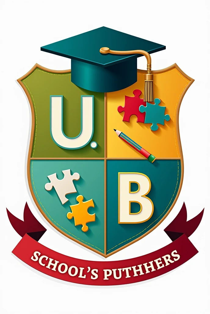  School crest with green colors, yellow, cerulean, white and red, with colorful puzzle figures, Pencil, book and cap. It isscrito U.It is.B Professor Denise Gonçalves Cordeiro 