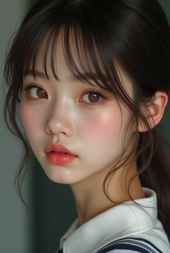 realistic woman pictures, Amazing face and eyes, highly detailed Beautiful face, brown straight hair, Bangs, big brown eyes, pale skin, slim, pale skin, hi-school uniform, fine face, realistic, detailed depiction, Ultra-detailed, realistic pictures