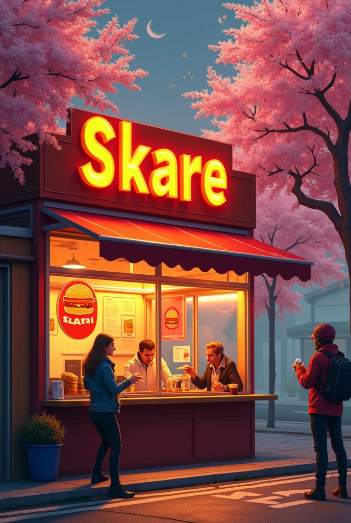Fast food logo with the name sKaRe´s, inside a burning restaurant on a street full of cherry blossom trees with customers eating hamburgers and a rappi biker 

