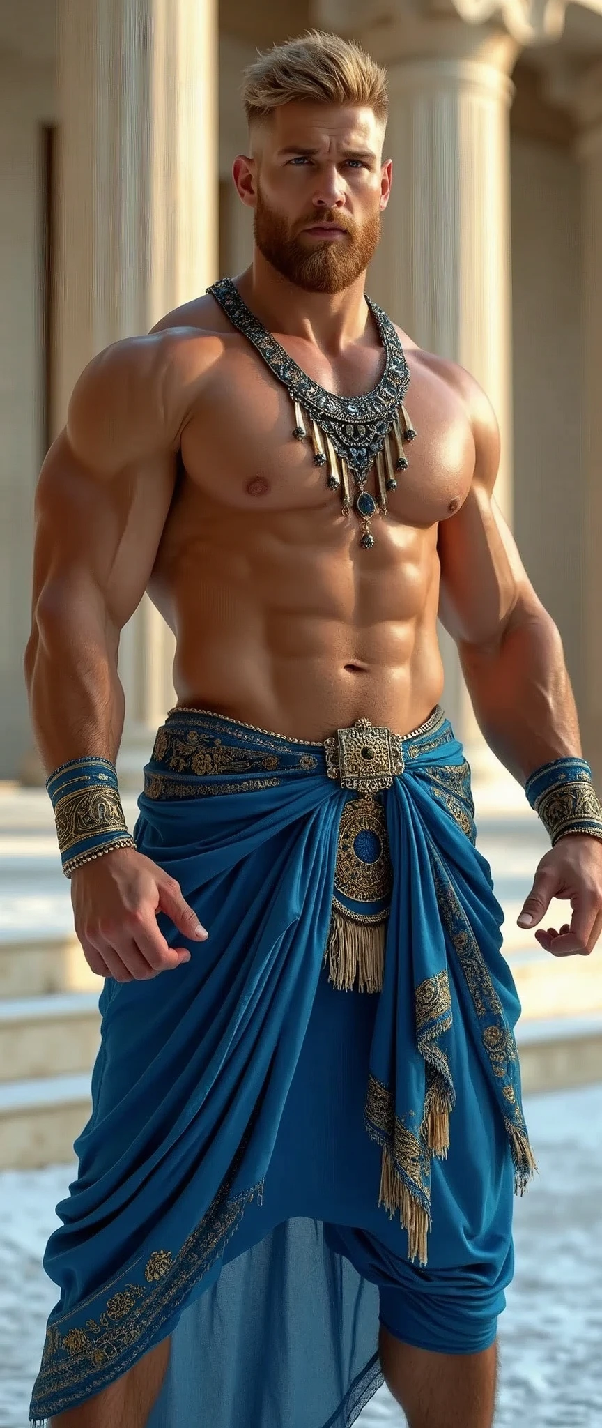 (man:1.5),1 man, male, muscle, 1 chico, muscle, pectoral, muscular, Mature man, 35 years,1 man, macho man, perfect body, an extremely delicate and beautiful detailed face,((by rubio, cute hairstyle, short by rubio)),(((blonde very short beard, blonde very short beard))), (((blue_eyes:1.3))),Intricate eyes, beautiful detailed eyes, symmetrical eyes, perfect face, cute hairstyle, perfect proportions, thick, ((detailed face)) macho man, (male Caucasian Prince) Prince, (((shiny skin:1.5,tanned skin,shiny skin: 1.5,tanned skin, shiny skin, very shiny skin,shiny body))) powerful, heroic, NSFW, Caucasian, elegant, (open to that, arabic fashion, Arab of that, Cowboys, White shirt, Masculine traits, modern style,Arabic clothing),(((blue toga, blue toga suit, wearing a blue toga:1.3,arab blue toga))),(arabic jewelry,Intricate necklace),((bulge in pants)),(((Intricate outfit,Intricate clothes,embellished suit))), (dynamic pose:1.0),ashamed,(centered,Scale to fit dimensions,rule of thirds), inside,interior,((room in a greek temple:1.3,columns of a greek temple:1.3)),scenery:1.25,((Intricate scenery)),((winter decorations)), (Bright winter decorations),High resolution,sharp focus,(ultra detailed,extremely detailed),(photorealistic artwork:1.37),(extremely detailed CG unity 8k wallpaper),(((vibrant colors,vibrant theme))),(Intricate),(masterpiece),(Best Quality),