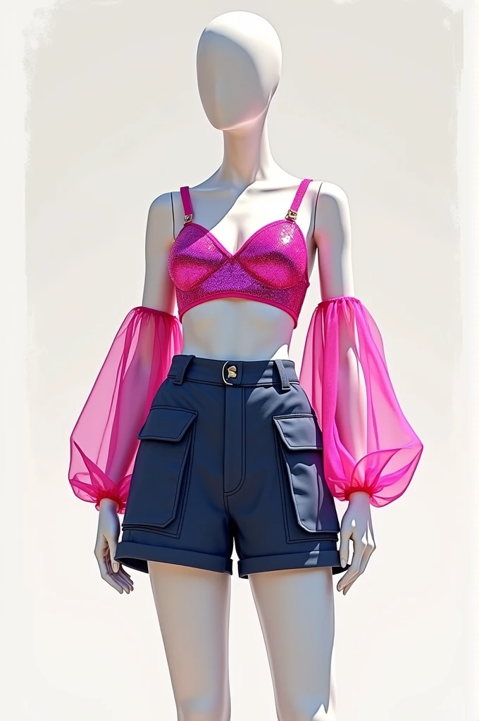 Make a sketch of a full-body female mannequin with the following specifications Top: Pink glittery crop top with pink waistband and thin shoulder straps and a V-neckline with pink glittery tulle drop sleeves that are wrist length. Bottom: Short cargo skirt in dark blue with waistband with large pockets on the sides and two on the back .