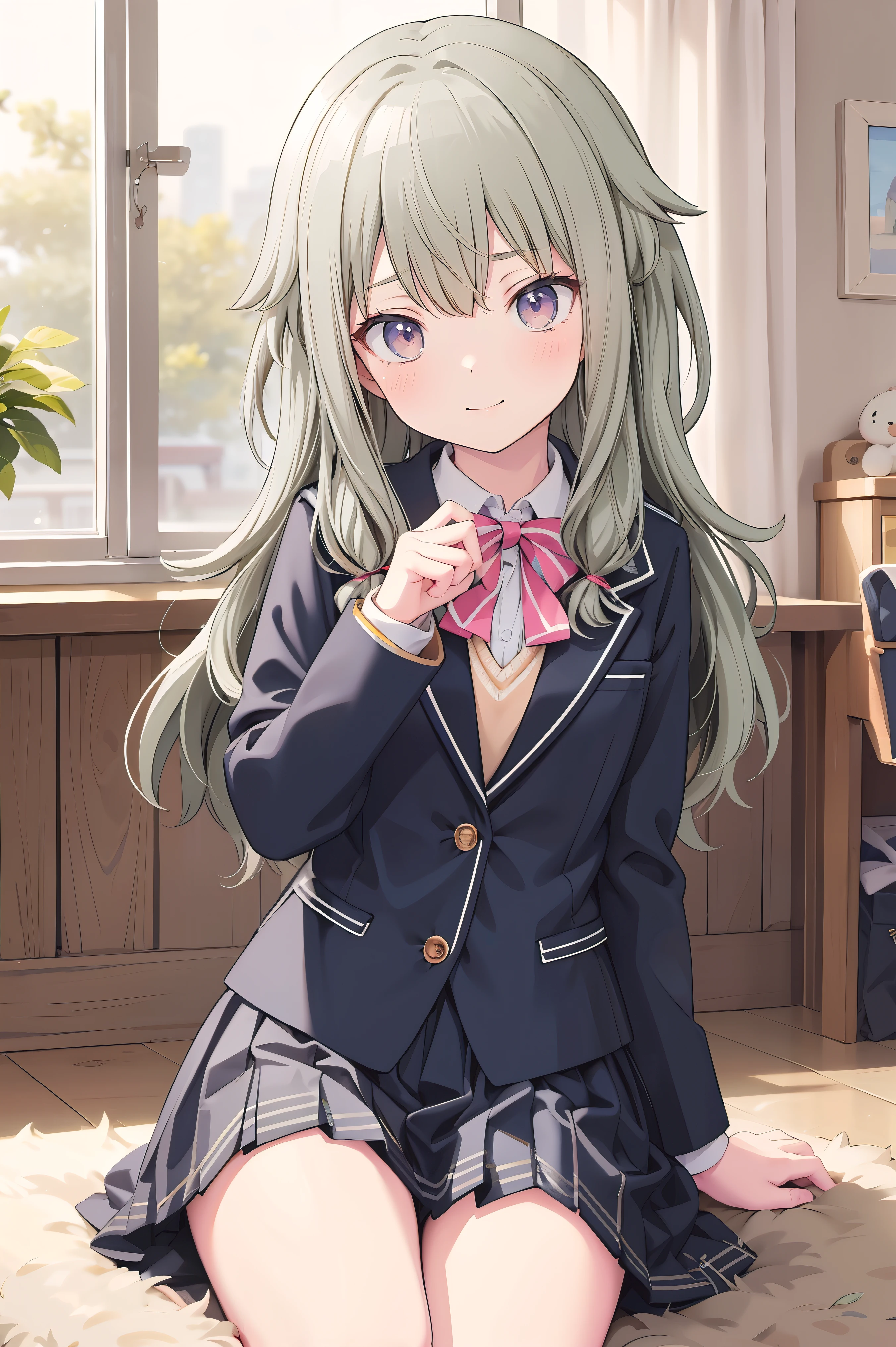 (8k, 最high quality)、Ultra-high resolution、adorable、最high quality, beautiful, (((Absurd beauty)))、masterpiece、Best image quality、(Front facing)、good feeling、smile,Face the camera、Delicate eyes、smile、Small face、girl、1 person、masterpiece, Most detailed、school uniform、blazer、high quality、wave hands、Shiny Hair、Very fine and beautiful bright eyes、Medium chest、nose blush、Very detailed, clear and beautiful face, Awards, (Anatomically correct)