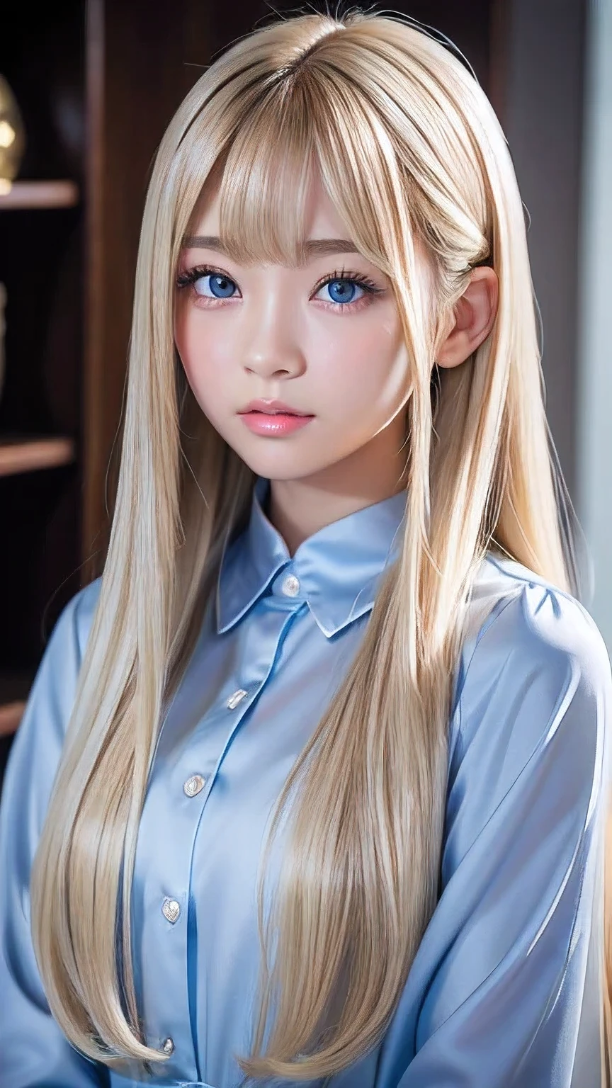Crystal clear and shiny skin、15 year old cute beautiful face、Very large, beautiful, bright, pale sky blue eyes、Very big eyes、Super long straight hair that shines in the light、Long, silky bangs that cover her cute eyes、Hair that hides sexy features、too long bangs、Sexy and cute young beauty、Super long natural young blonde hair with sparkling highlights、Blonde hair above the eyes、片Blonde hair above the eyes、Blonde hair between the eyes、Cheek gloss highlighter