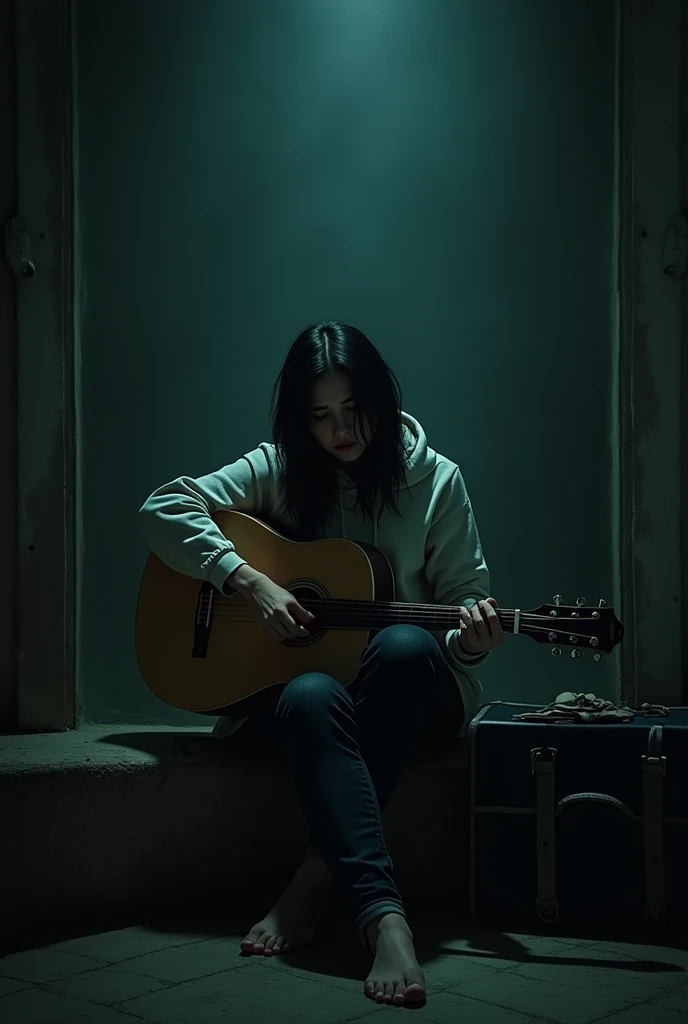 Please, generates a visual representation that shows how difficult the world of music is, for all the sacrifices we musicians make when leaving the family, spend time rehearsing, the trips often made etc etc with a person with a sad guitar