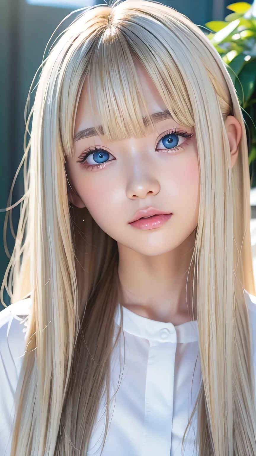 Crystal clear and shiny skin、15 year old cute beautiful face、Very large, beautiful, bright, pale sky blue eyes、Very big eyes、Super long straight hair that shines in the light、Long, silky bangs that cover her cute eyes、Hair that hides sexy features、too long bangs、Sexy and cute young beauty、Super long natural young blonde hair with sparkling highlights、Blonde hair above the eyes、片Blonde hair above the eyes、Blonde hair between the eyes、Cheek gloss highlighter