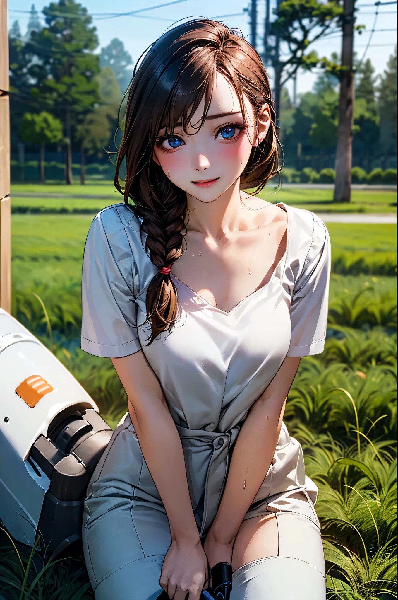 (masterpiece:1.2, highest quality), (realistic photo:1.4), beautiful illustrations, (natural side lighting, movie lighting), 
beautiful detailed hair, beautiful detailed face, beautiful detailed eyes, beautiful clavicle, beautiful body, beautiful breasts, beautiful thighs, beautiful feet, beautiful fingers, 
looking at the viewer, 1 girl, 12 years old, young housewife, (ecstasy face, lewd girl), (perfect anatomy, anatomically correct, super detailed skin), cute symmetrical face, baby face, (round face), perfect face, perfect eyes, 
(middle hair, single braid, brown hair), swept bangs, blue eyes, drooping eyes, long eye lasher, (medium breasts, seductive thighs), perfect body, shiny skin, slender, 
(((hit her crotch against a vibrating grass trimmer handle, masturbating with complete concentration))), sweat, shame, 
(beautiful scenery), evening, (rice field:1.2, trees, sky), 