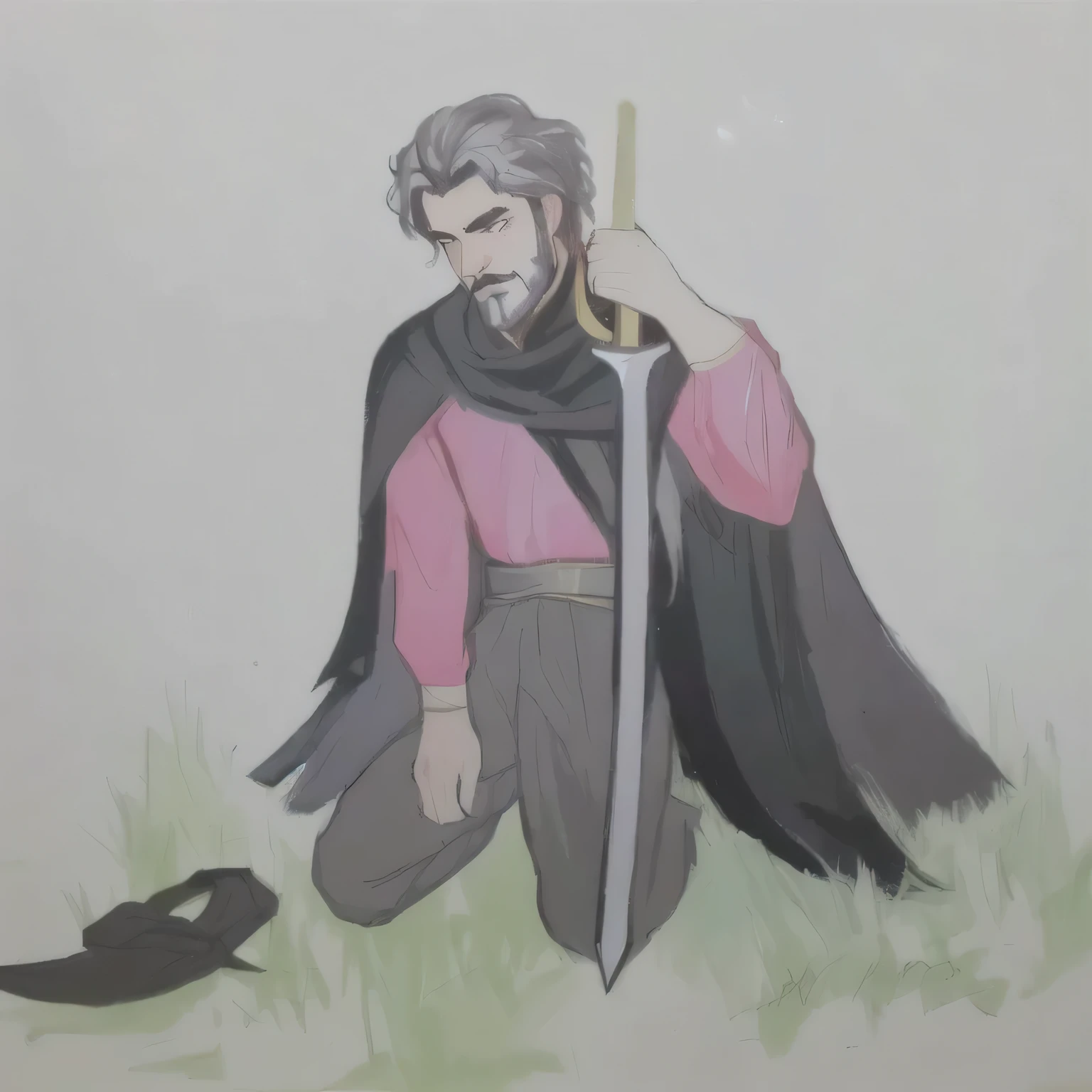 painting of a man with a sword and a red shirt on his knees and a torn black cape,, while holding an epée, inspirado em Robert Walker Macbeth, holding an epée, holds a sword, full colourful drawing, a portrait of the character, holds a sword negra, colourful drawing, as a medieval fantasy character, official fanart, man with scythe, character painting, colourful drawing, inspired by Altoon Sultan
