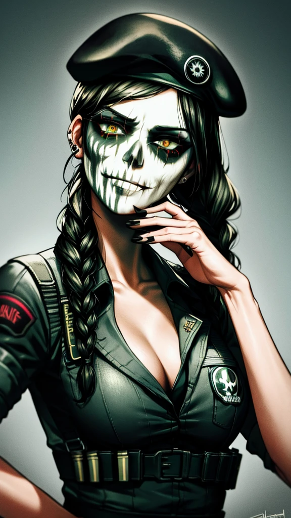 Caveira, rainbow six siege, black nailpolish, hair braid, military beret, skull face paint, diamond stud in ear, smirk, showing breasts