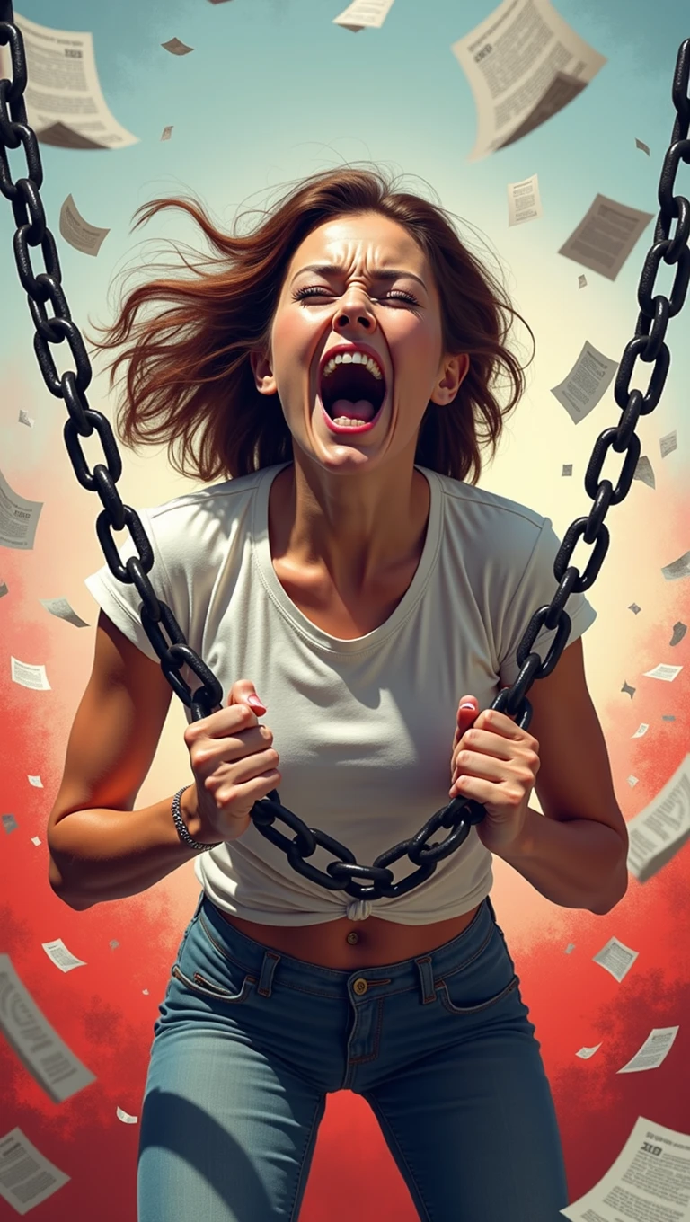 Dynamic and powerful digital illustration featuring a woman breaking free from heavy chains. The layout is centered, with the subject in the middle of the frame. The woman has light skin and is depicted with a determined expression, her mouth open in a scream or shout. She has shoulder-length brown hair that appears to be blowing back from the force of her movement. She is wearing a white, torn t-shirt, and her fists are clenched as she breaks the chains that were binding her wrists. The chains are depicted as shattering into pieces, with fragments flying outward, emphasizing the force and energy of her liberation. The background is a gradient of light blue and white, adding to the dramatic effect of the scene. "A highly realistic person breaking chains with an expression of relief, standing amidst scattered debt papers on the ground. The background is a vivid red, featuring graphics of debts and broken chains. The scene is dynamic and powerful, emphasizing liberation from financial burdens. The image is in 4K resolution, with sharp details and a vibrant color palette, ensuring the person and all elements look entirely lifelike."