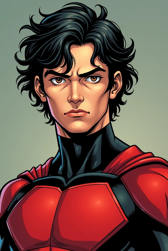 A panel of a male character, black curly hair and medium length, Brown eyes and serious is a superhero, He is a young boy of about 21 years old, His superhero costume is red and black., in the American comic style, not so lively nor , more of a serious action comic
