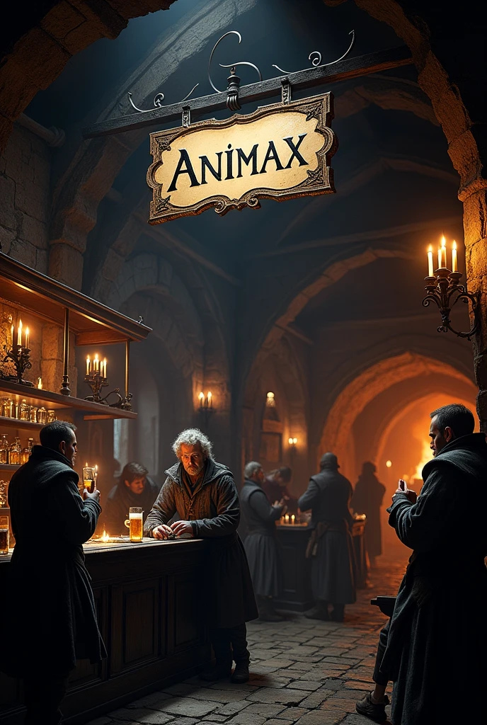 A medieval tavern with black colors, white and gold and a sign saying animax