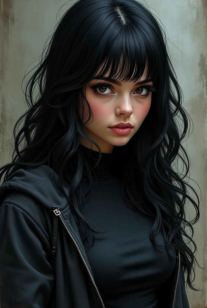 using the Batman's comic art style make a girl with long black hair and bangs, dark brown eyes with long eyelashes, using a black tight shirt with a dark zip up hoodie.