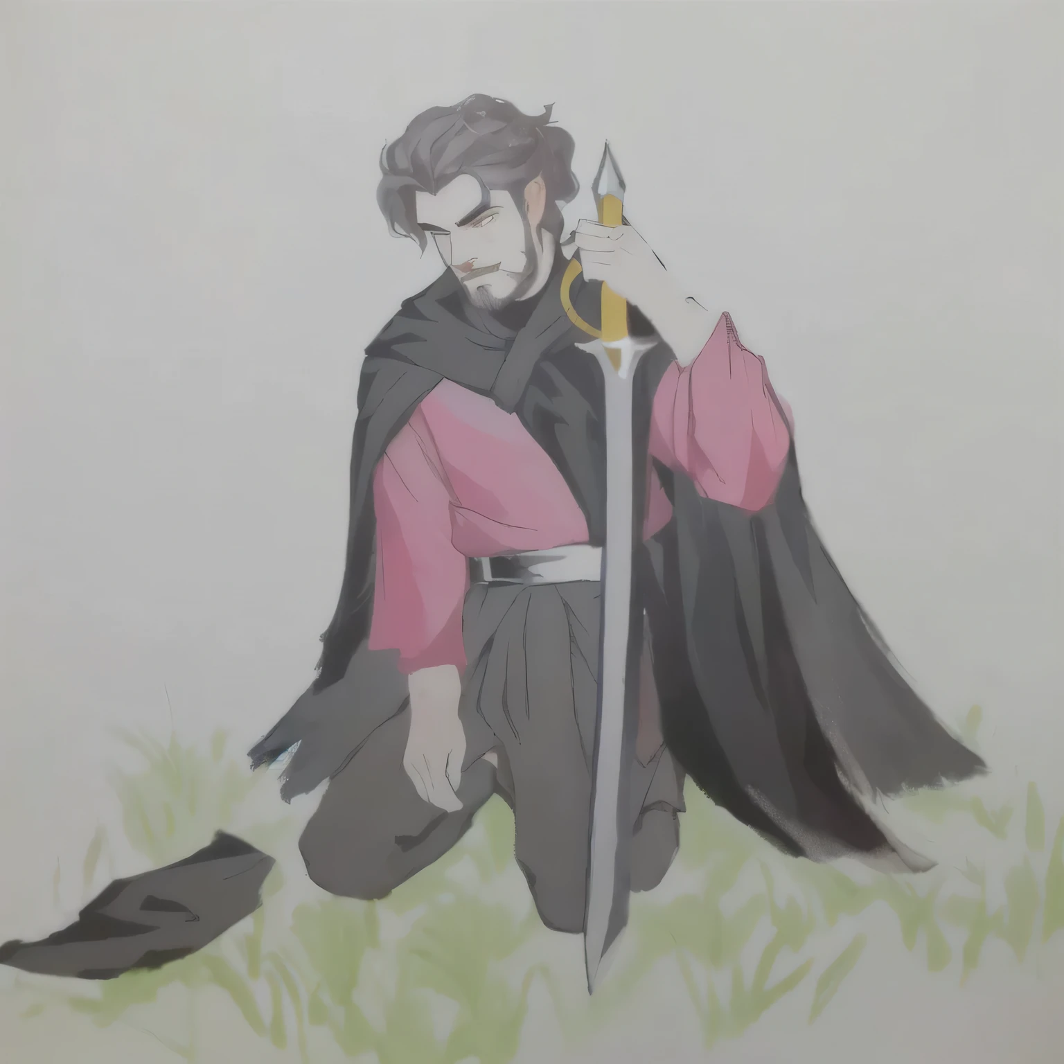 painting of a man with a sword and a red shirt on his knees and a torn black cape,, while holding an epée, inspirado em Robert Walker Macbeth, holding an epée, holds a sword, full colourful drawing, a portrait of the character, holds a sword negra, colourful drawing, as a medieval fantasy character, official fanart, man with scythe, character painting, colourful drawing, inspired by Altoon Sultan