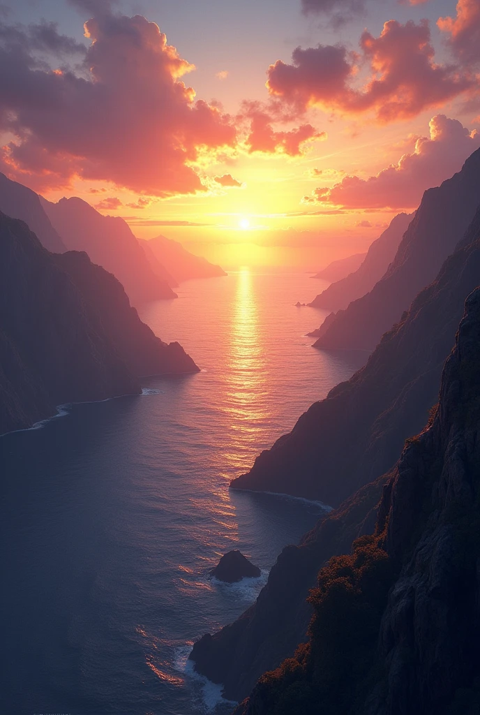 evening、The sea, sky and sunset seen from the mountain、Real、Sharp details