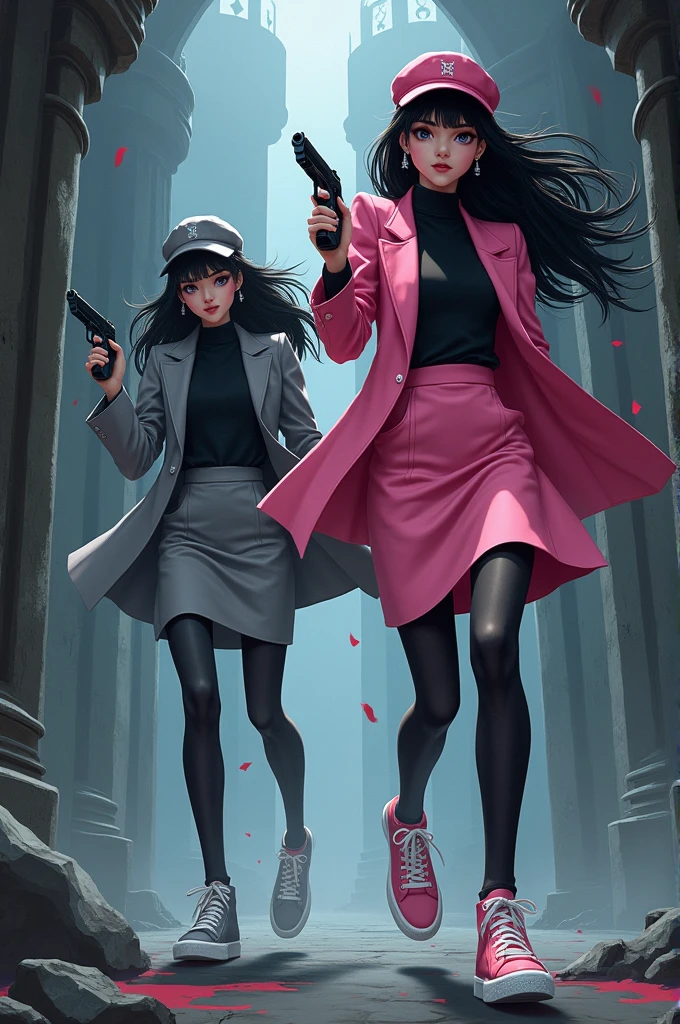 Two girls, long black hairs, yuri
(The first girl wear a pink suit, black shirt, pink cap, pink pencil skirt, black underpants, black tights, white socks, pink sneakers)

(The second girl wore a grey suit, black shirt, grey cap, grey pencil skirt, black underpants, black tights, white socks, grey sneakers)

Holding a one handguns, running inside the vampire castle, escape vampire, novel cartoon, 4K, HD