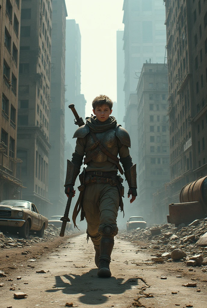 A warrior boy walking down a road in an apocalyptic city 
