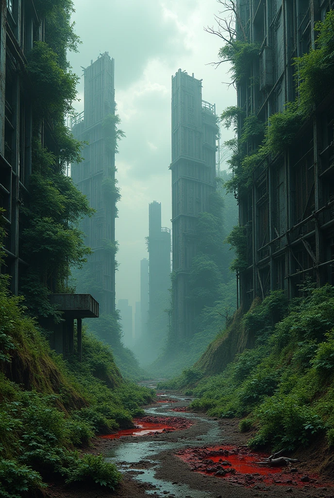 Make a book cover of a post-apocalyptic place with ruins of a futuristic city mixed with forest and blood with a black sky.