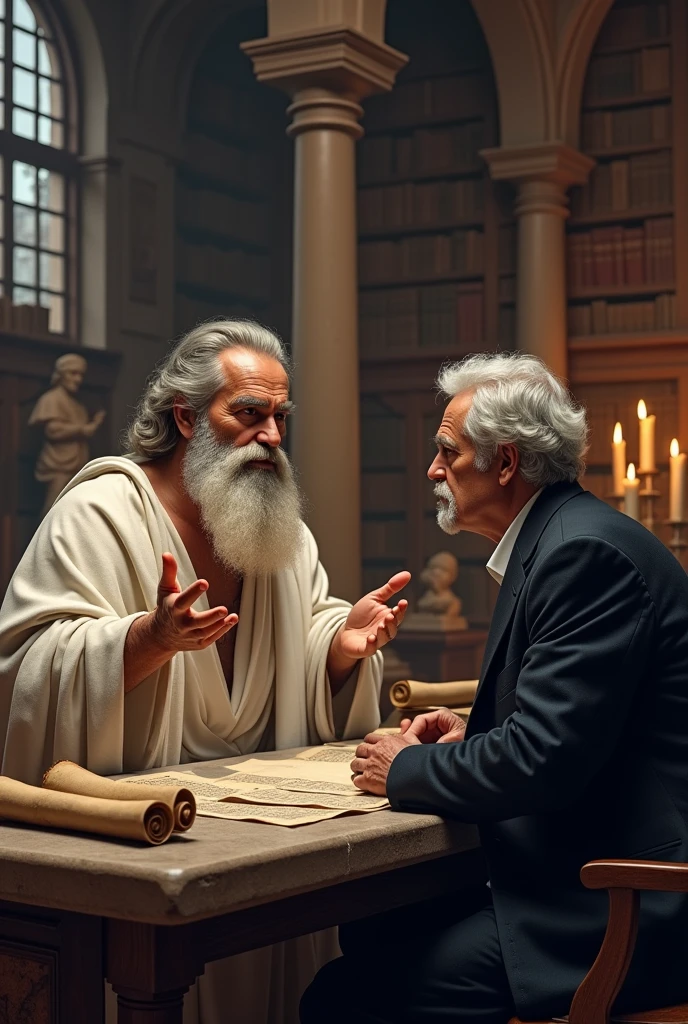 "Generates an image of two philosophers sitting at a stone table in an ancient setting, surrounded by columns and statues. Plato, with a white robe and a long beard, He gestures with his right hand while speaking. Nietzsche, with a dark suit and a mustache, listens attentively with a thoughtful expression. in the table, There are scrolls and ancient books. The background is an old library with wooden bookshelves and arched windows.. The lighting is soft and warm, with a dim light coming from candles or torches".