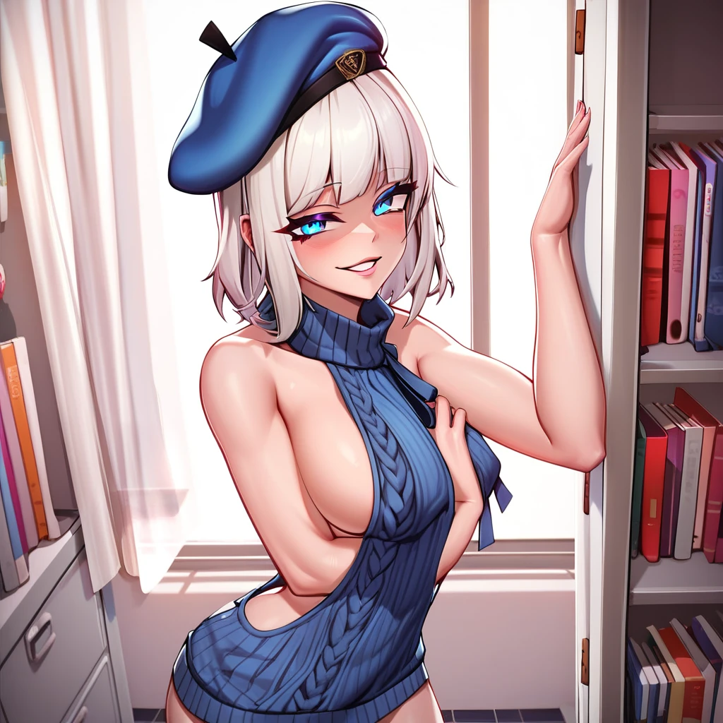 blue beret, white hair, blue eyes, trimmed straight hair, 1girl, gorgeous, virgin killer sweater, 4k, hd, room, looking at the viewer, repaired eyes, correct anatomy, natural colors, anime, closet-up, artgrem, gesugao, standing, parted lips, sadistic, half-closed eye, (glowing eyes:0.5), sexy pose, 