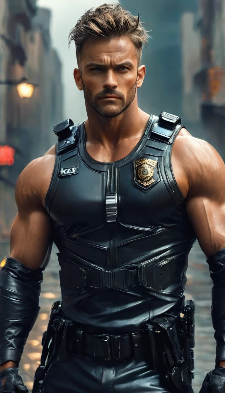 realist:1.3,( fotorrealist, 8k, RAW Photos, Premium quality, masterpiece, epic lighting. close up, Centered image), (foreground),((1 handsome and muscular man, police dress, Perfectly detailed face and body, (foreground), for the cover of Heavy Metal magazine, dynamic pose, beautiful and detailed hair, Leather Clothes))