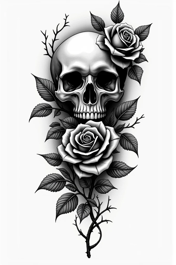 You can generate a tattoo design of a skull with a rose or two for the forearm in traditional blackwork style