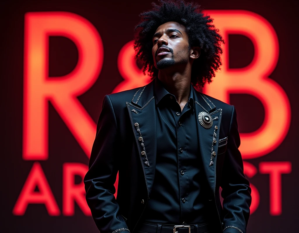 Afro male in a Gothic outfit singing with the word R&B Artist boldly written on the Background