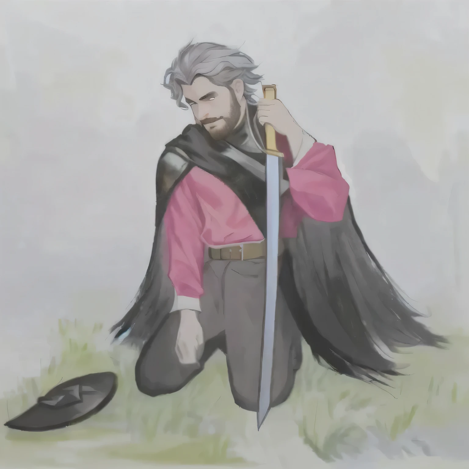 painting of a man with a sword and a red shirt on his knees and a torn black cape, inspirado em Robert Walker Macbeth, holding an epée, full colourful drawing, a portrait of the character, colourful drawing, as a medieval fantasy character, official fanart, character painting, colourful drawing, inspired by Altoon Sultan