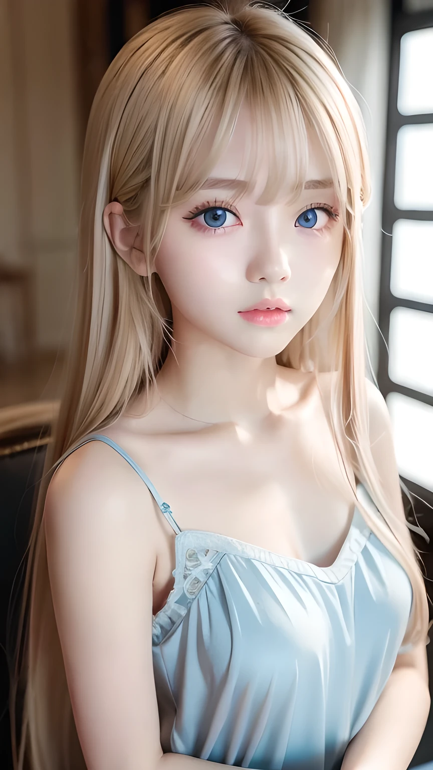 Crystal clear and shiny skin、15 year old cute  beautiful face、Very large, beautiful, bright, pale sky blue eyes、Very big eyes、Super long straight hair that shines in the light、Long, silky bangs that cover her cute eyes、Hair that hides sexy features、too long bangs、Sexy and cute young beauty、Super long natural young blonde hair with sparkling highlights、Blonde hair above the eyes、片Blonde hair above the eyes、Blonde hair between the eyes、Cheek gloss highlighter