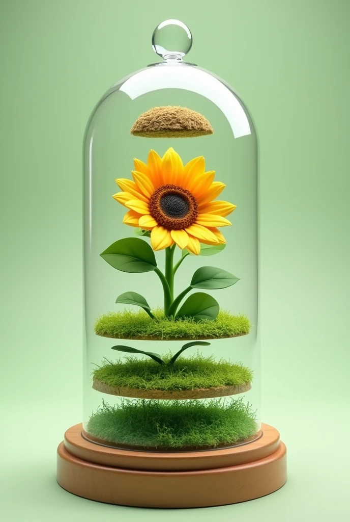 I want the following from bottom to top a round wooden base, a 4cm high bed simulating grass, a stemless sunflower looking up with leaves around it and a bell-shaped dome on top all in exploded view
