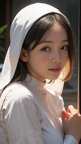 High resolution, Anatomically correct, Highest quality, Very detailed, Textured skin, One girl, Upper Body, Nuns, Chu々, 清Chu, kind, love, Cheerful, Tranquility, No makeup, Virgin Mary, Japanese, Soft Focus, reflected light, Backlight, Overexposure, Alphonse Mucha,