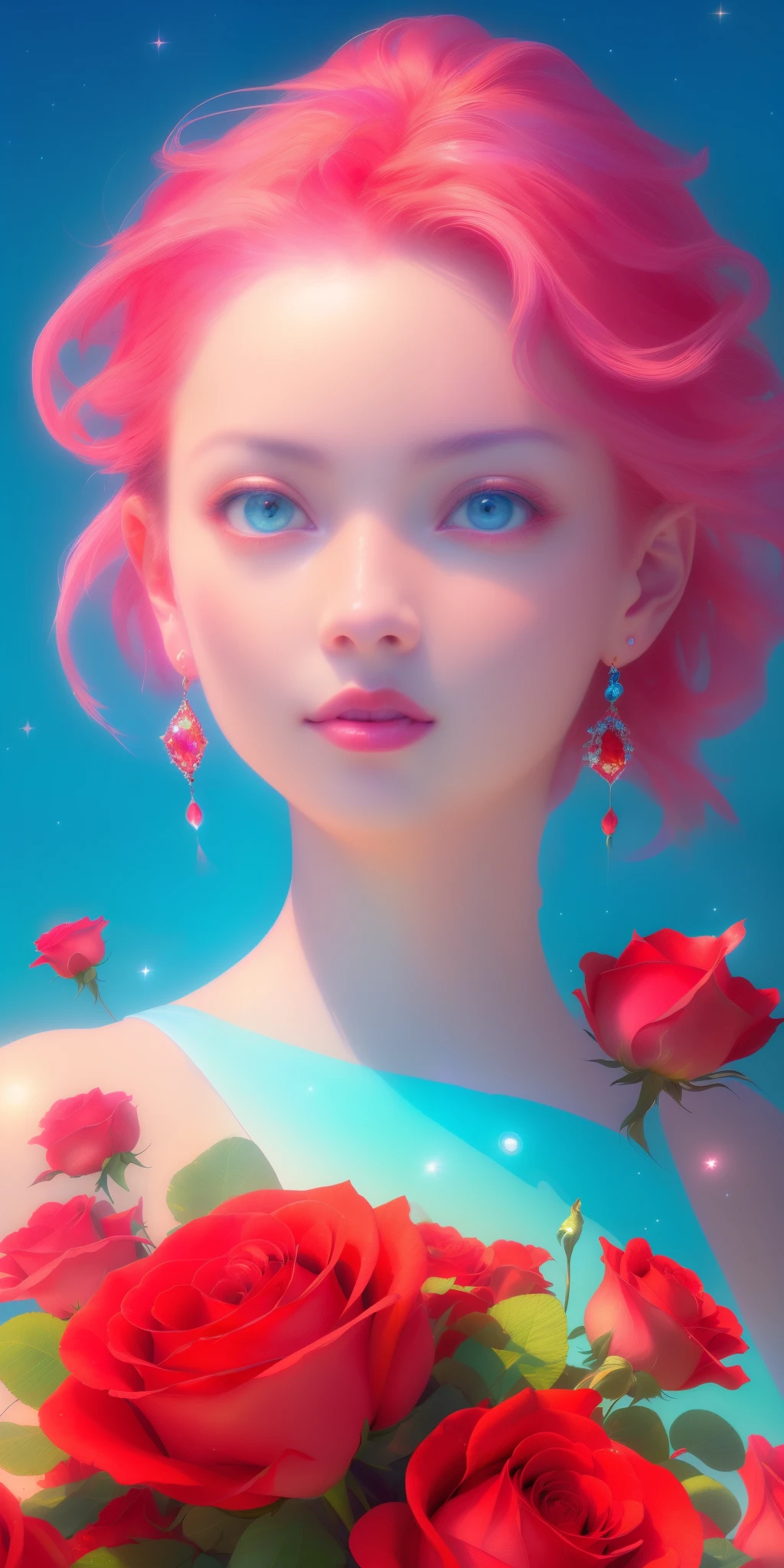 (best quality, ultra-detailed, photorealistic: 1.39), bright and vibrant colors, studio lighting, Red moon, sky shooting stars, soft azure clouds, sparkling, sparkling neon green ocean waves, red roses in the blue ocean, fantasy, diamond, crown, soft lights, sparkling eyes, cute biquini