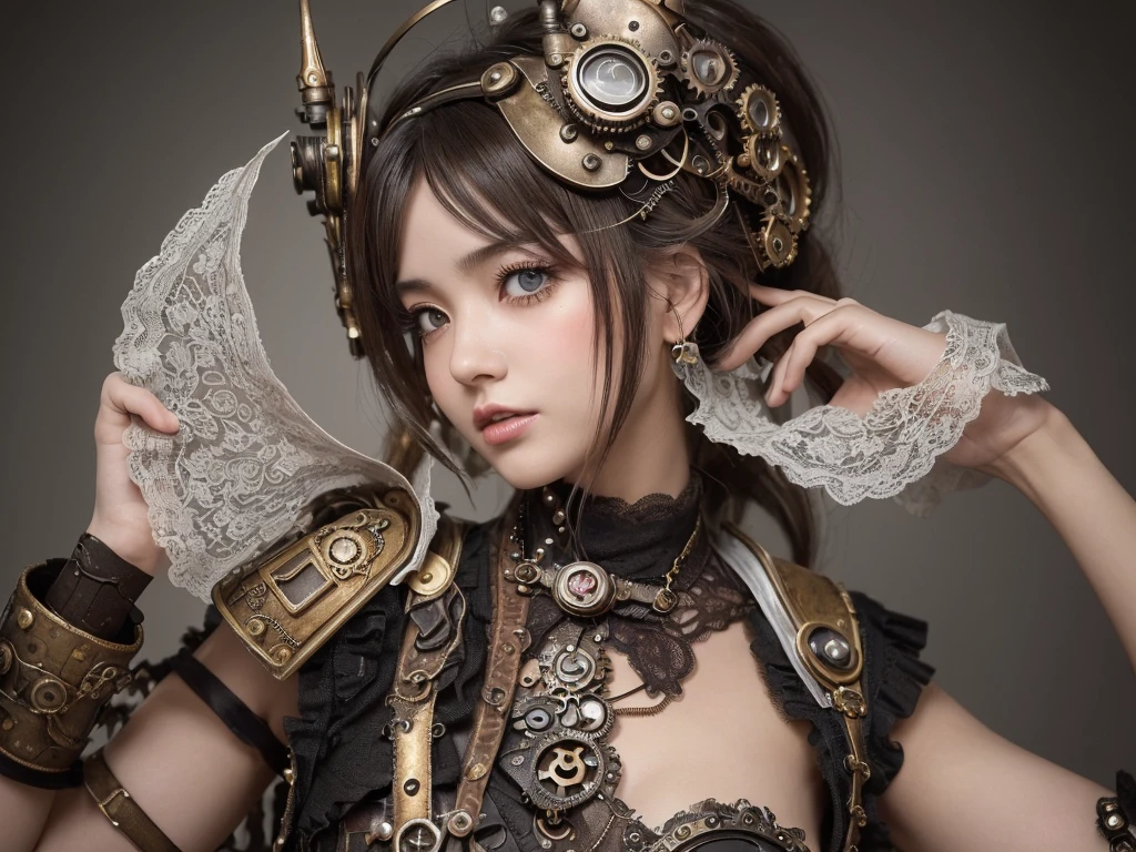 Top Quality, Masterpiece, Ultra High Resolution, (Photorealistic: 1.4), Raw Photo, 1 Girl, Black Hair, Glossy Skin, 1 Mechanical Girl, (Ultra Realistic Details)), Portrait, Global Illumination, Shadows, Octane Rendering, 8K, Ultra Sharp, Big, Cleavage Exposed Raw Skin, Metal, Detail of Intricate Ornaments, Steampunk details, Matsumoto meter, meter, vacuum tube, nixie suga, oil pressure gauge, glass tube, analog meter, gears, golden hydraulic cylinder, very intricate detail, realistic light, CGSoation trend, purple eyes, glowing eyes, facing the camera, neon details, mechanical limbs, blood vessels connected to tubes, mechanical vertebrae attached to the back, mechanical cervical attachment to the neck, sitting, wires and cables connecting to the head, Evangelion, small LED lamps,