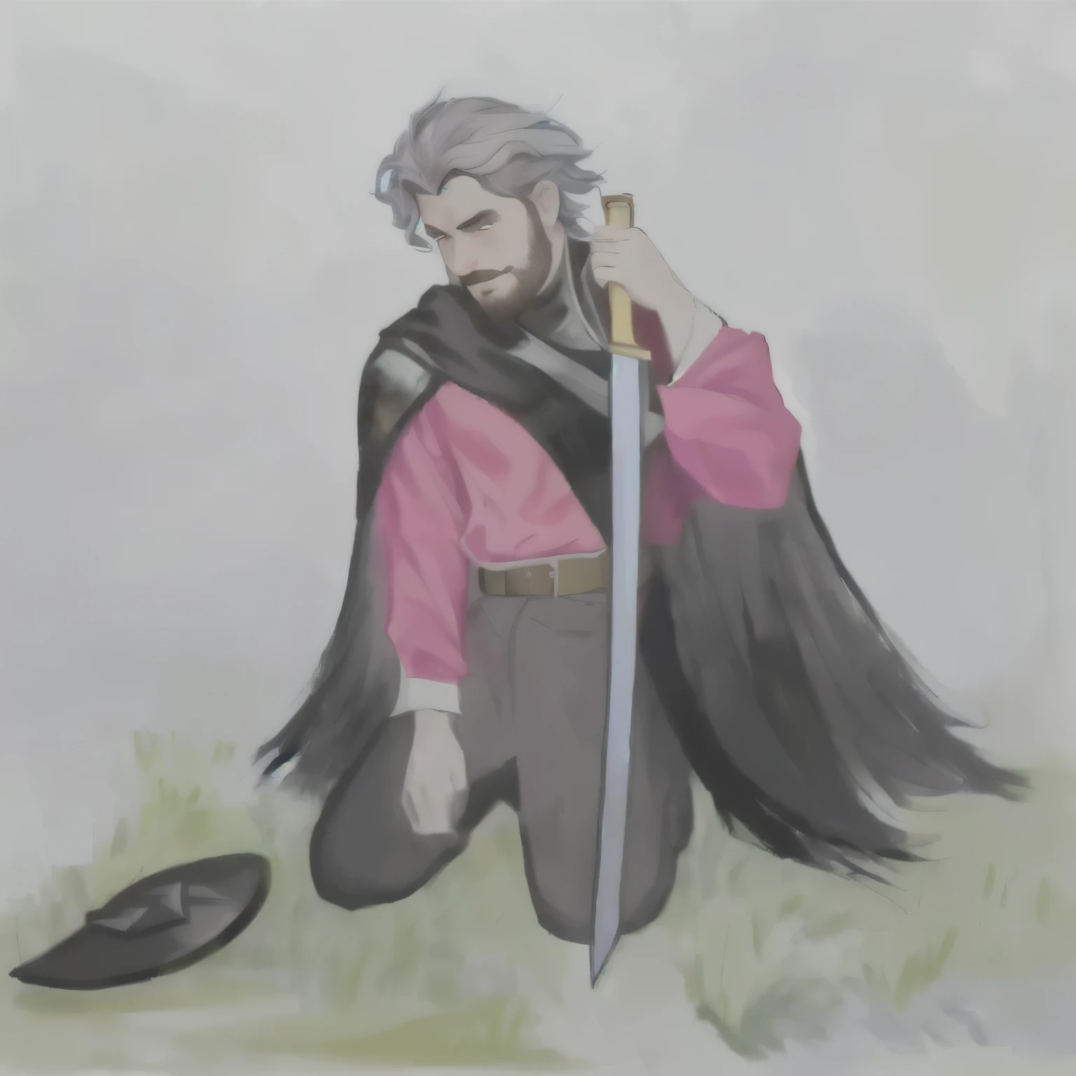 painting of a man with a sword and a red shirt on his knees and a torn black cape, inspirado em Robert Walker Macbeth, holding an epée, full colourful drawing, a portrait of the character, colourful drawing, as a medieval fantasy character, official fanart, character painting, colourful drawing, inspired by Altoon Sultan