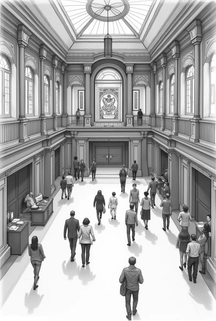 Drawing of along the lobby area , community theater
