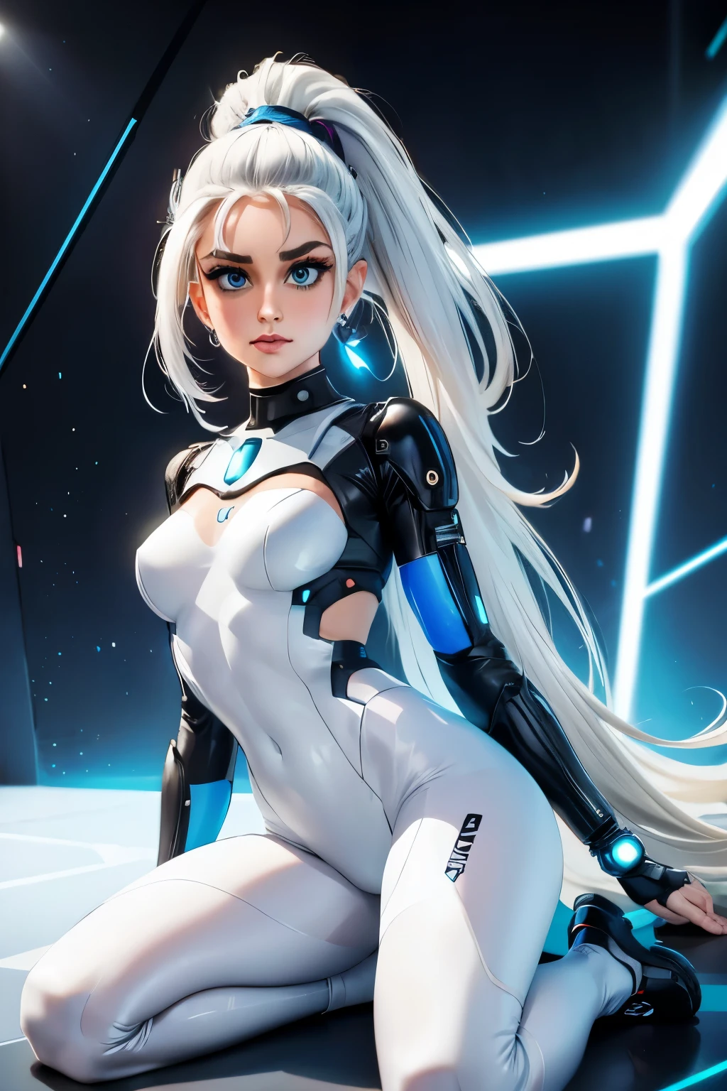 Full body cyber girl with a ponytail. Ariana Grande's face. Bright white color to show she's a cyber girl whit laser rifle. white eyebrows. clothing like catsuit. She also has bright blue eyes. The environment is terminator like. Hair is platina. She is lit with the bright blue color on one side of her face. Led like.  And both hands have the led light too.