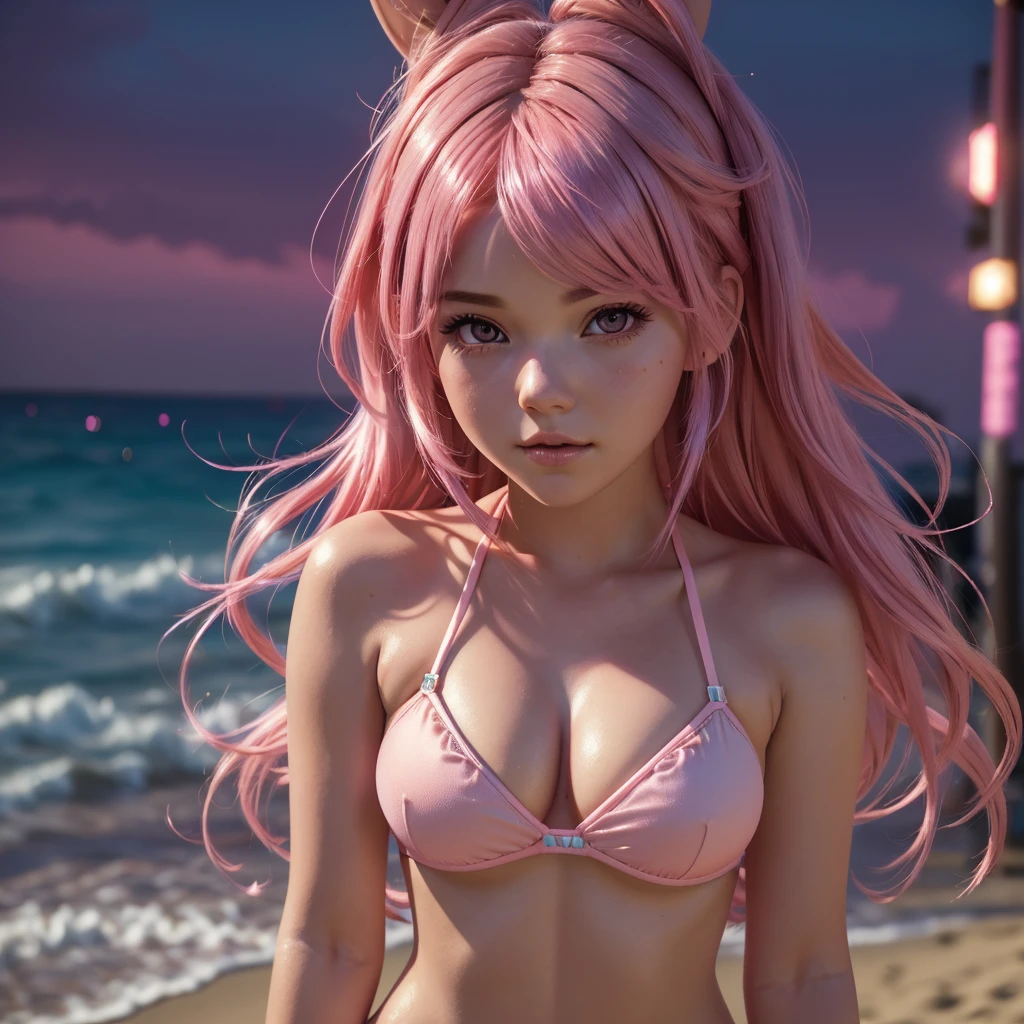 face close up, (cute and sexy girl,pink hair,bunny girl:1.1,ultra-realistic,best quality,4k,highres,masterpiece:1.2),detailed lighting,anime, pink bikini, midnight lights at the beach,