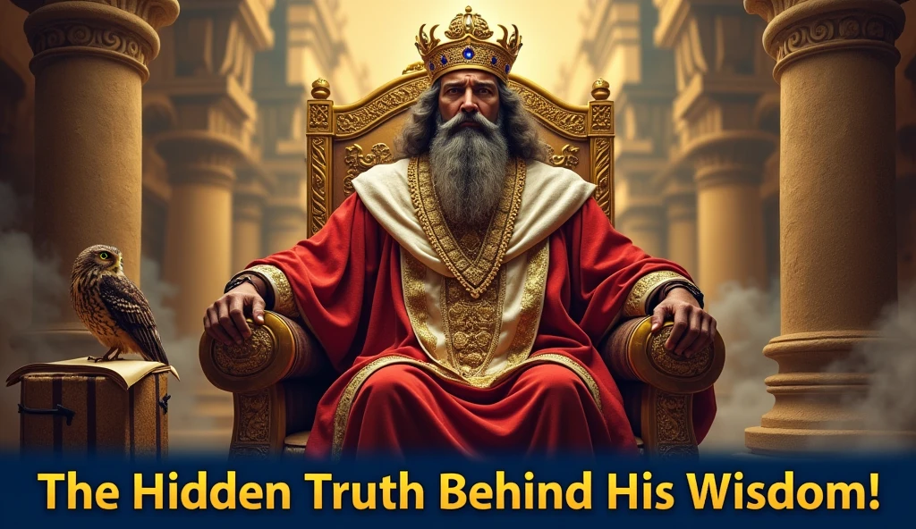 A majestic portrait of King Solomon seated on a grand throne, adorned with gold and jewels, surrounded by ancient scrolls and symbols of wisdom (like an owl and a book). The background features a mystical ancient city with golden hues and soft clouds.. The overlay text at the bottom says: 'The Hidden Truth Behind His Wisdom!' in a bold, catchy font, using a gradient from deep blue to gold. The overall color palette is rich and vibrant, conveying a sense of mystery and authority.